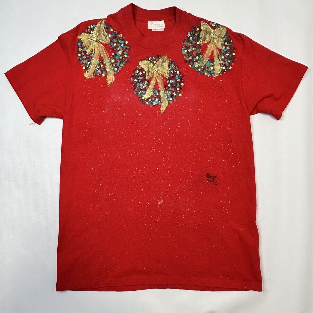 Vintage Hawaii Hand Painted Christmas T Shirt Splatter Bling Single Stitch XL